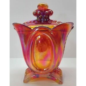 Vintage Imperial Cameo Jar with Lid Carnival‎ Glass UV reactive Maganese Glass
